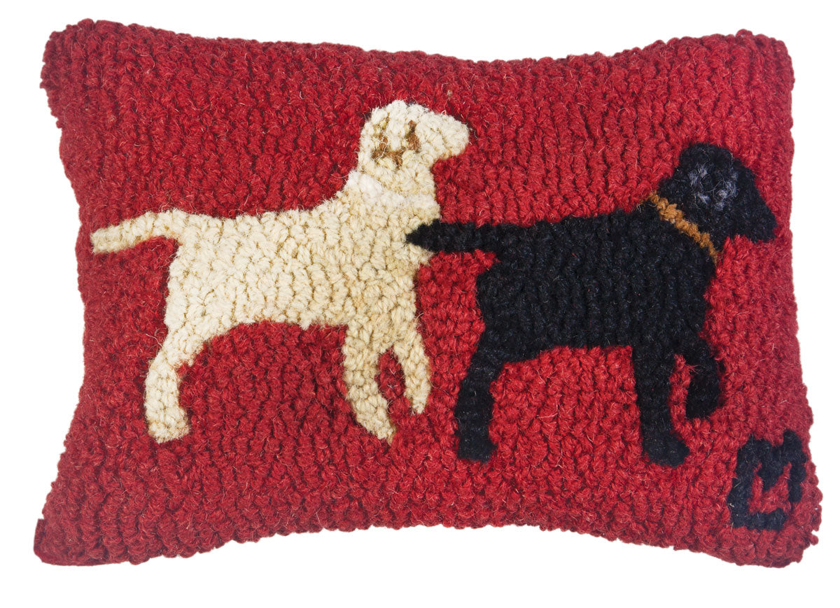 Yellow and black lab hooked wool pillow.